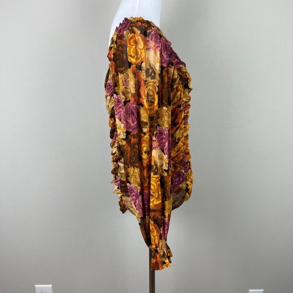 Jane + Delancey Blouse Top Women XL Multicolor Floral Ruched Off Shoulder Sheer - Picture 5 of 13